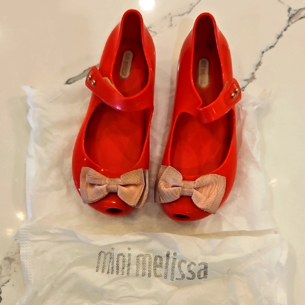 Mini Melissa Girls Red Mary Jane Jelly Shoes With Bow Detail